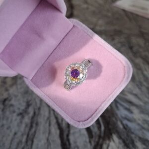 Rainbow Halo Ring With Baguette Side Stones